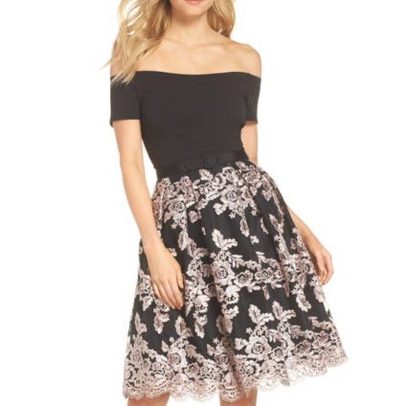 Eliza J Black and White Off-Shoulder Midi Dress - Picture 1 of 4